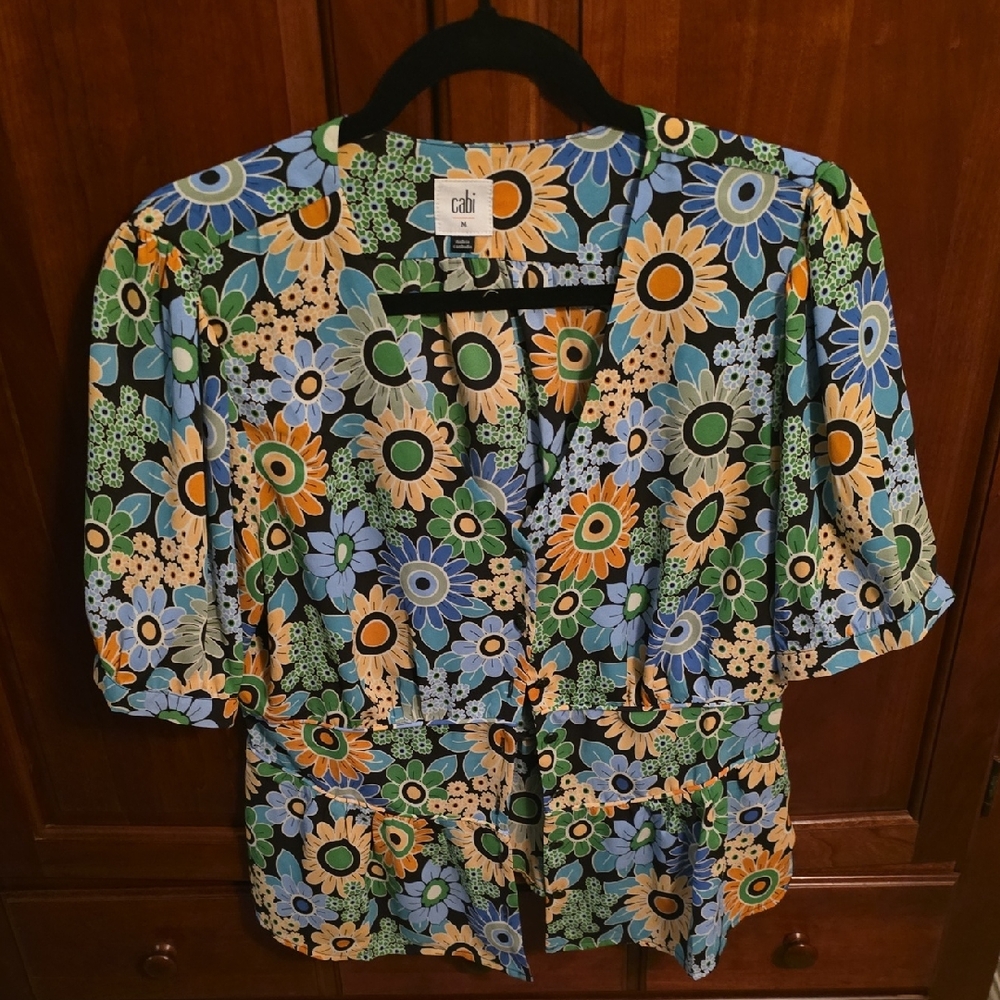 Cato Blue and Orange Graphic Blouse with Notched Collar